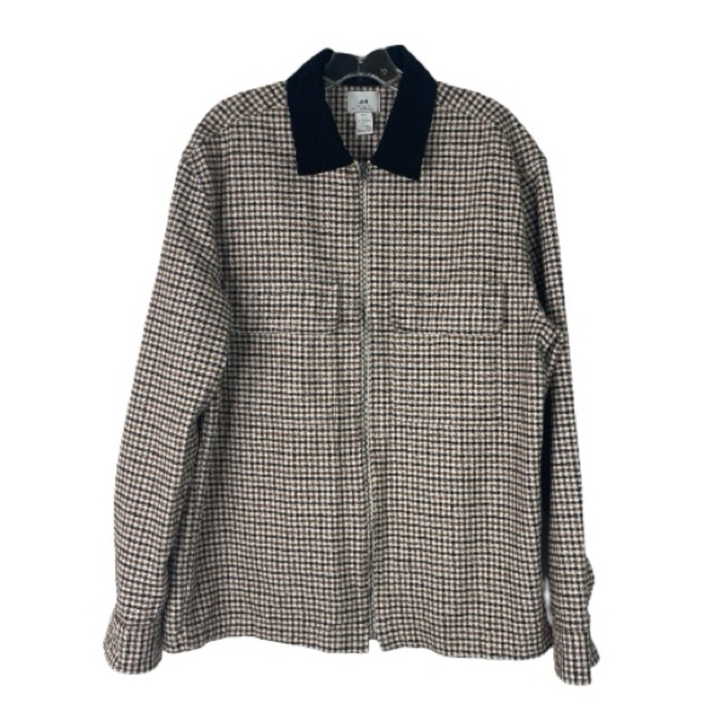 H&M cream brown tan plaid flannel oversized corduroy zip light jacket medium